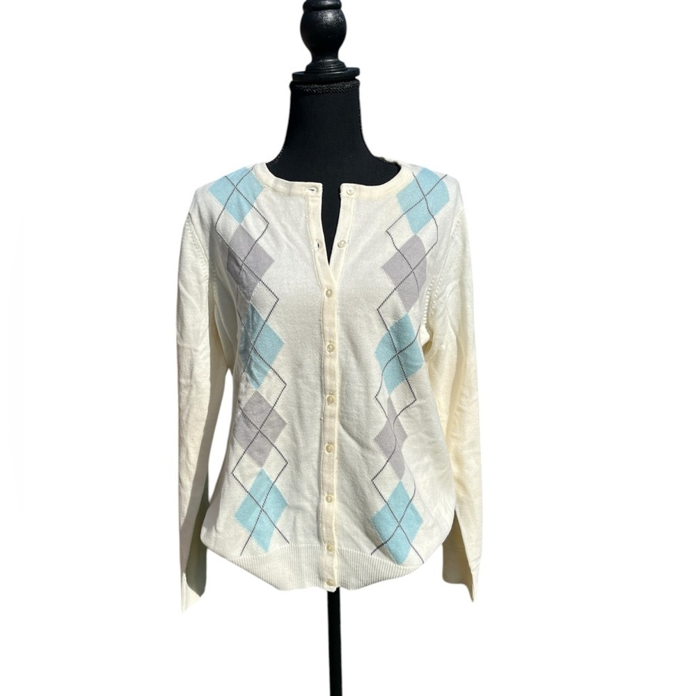 Women cream argyle button down w blue grey diamond design by Crofts&Barrow siz L